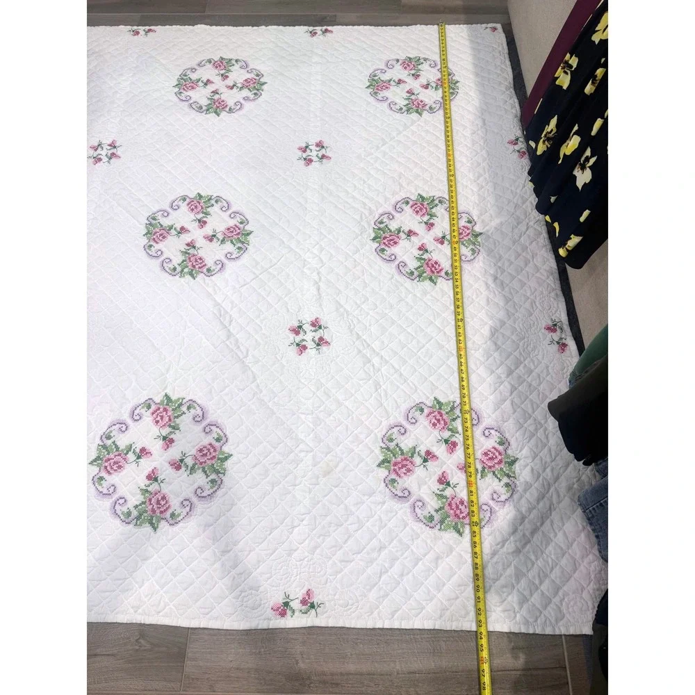 Vintage Handmade Cross Stitch Floral Quilt Cottagecore Pink Roses Full Queen
